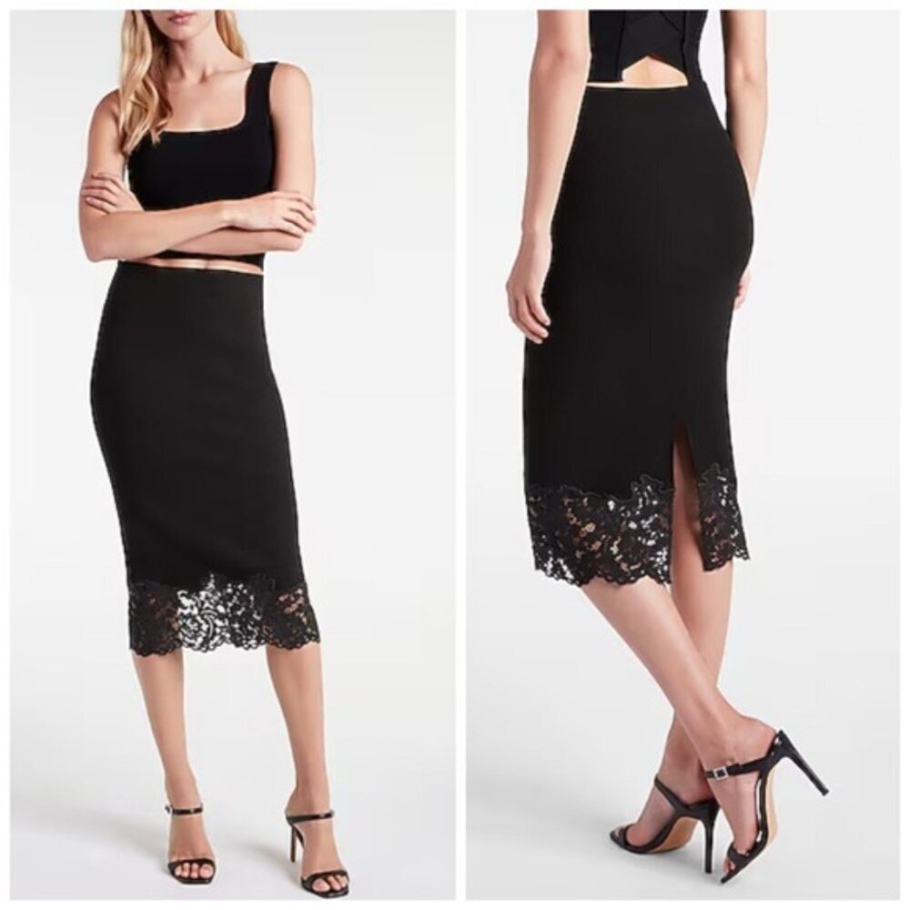Express Black Lace Hem Midi Skirt Sz Small Elegant Whimsical Dark Romantic Glam